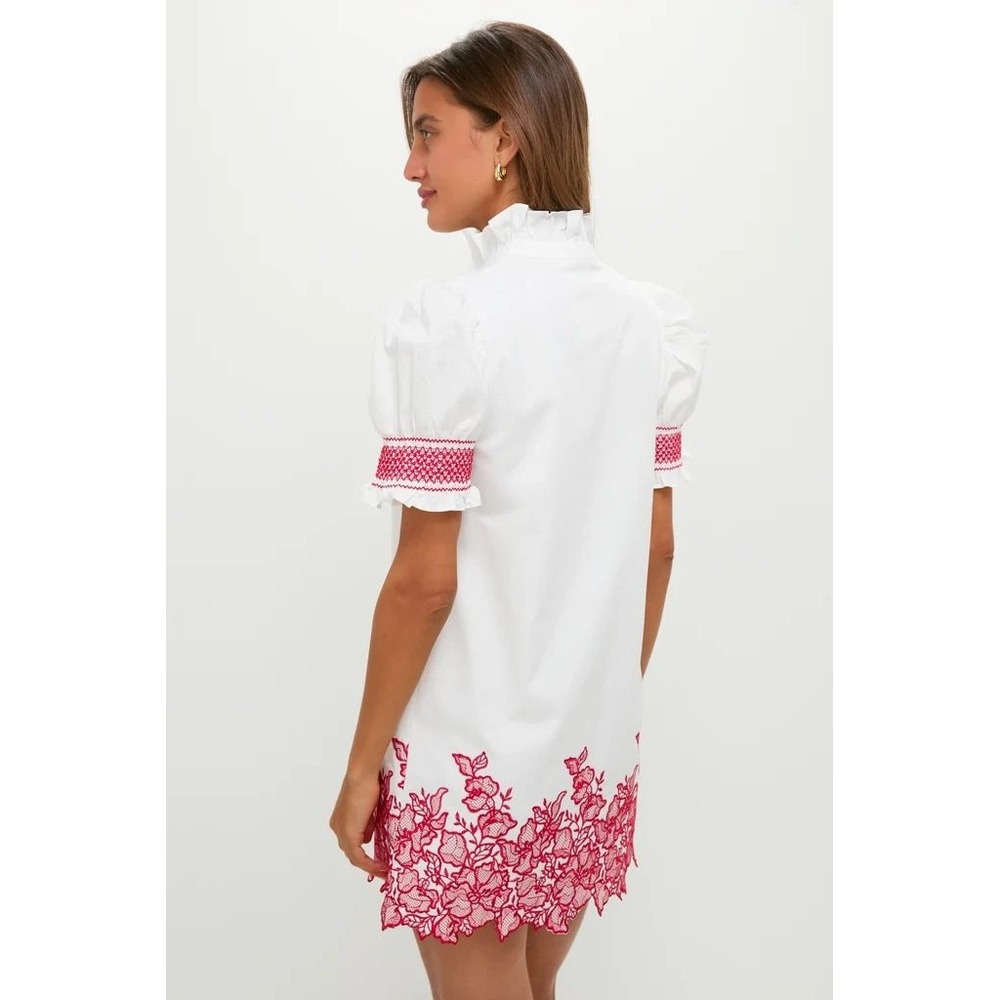 Hyacinth House Eliza Mini Dress White Red Embroidery Smocked Ruffle Neck NWT M - Picture 4 of 16